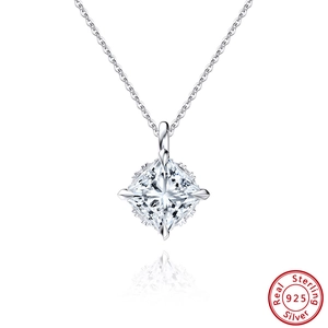 Macro shot of S925 sterling silver necklace with square cut zircon and silver hallmark