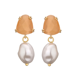 Detail of 18K gold plated brass earrings with orange gemstone and baroque pearl
