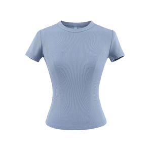 T-shirt ajusté bleu à col rond et manches courtes en maille côtelée pour femme en été