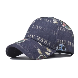 Unisex vintage navy denim baseball cap with retro all-over print and adjustable fit
