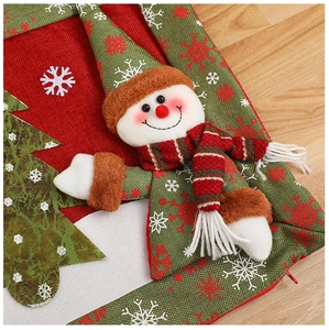 Detailed view of burlap Christmas pillowcase featuring a 3D plush snowman and tree