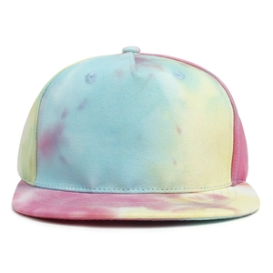 Detail of multi-color tie-dye kids baseball cap with flat brim and six-panel crown