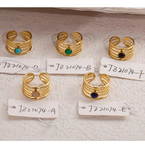 Detailed macro view of 18k gold-plated textured rings with diverse natural stones