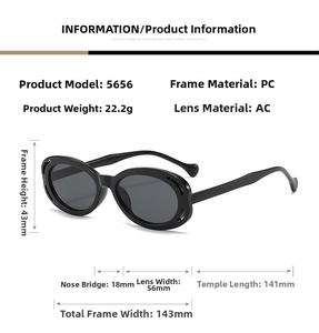 Detailed size specifications of retro oval sunglasses with dimensions for frame and lens