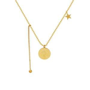 Collier vintage français avec pendentif pièce d'or portrait et breloque étoile dorée