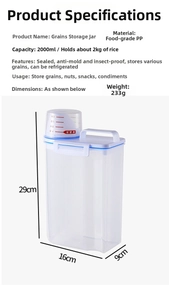 Detailed view of 2000ML transparent food storage jar with blue measuring cup lid and handle