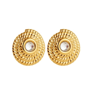Vintage 18K gold plated rope twist stud earrings with clear zircon center on white background