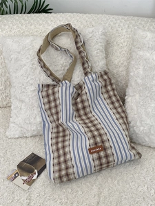 Women Retro Plaid Stripe Patchwork Tote Bag Large Capacity Canvas Polyester Casual Shoulder Handbag Magnetic Closure