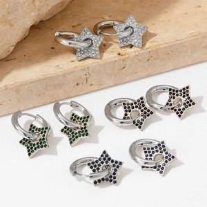Star charm hoop earrings with multicolor crystals in silver-tone setting for women
