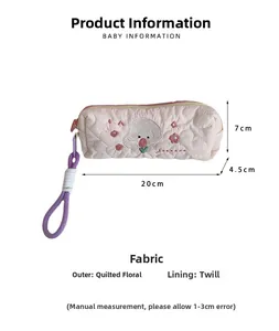 Pink quilted pencil case with dog embroidery and purple handle, size 20x7x4.5cm