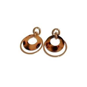 Vintage leopard print round drop earrings with gold metal frame on a white background