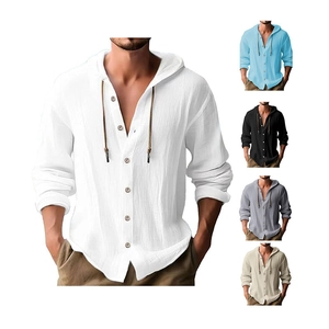 Detail showing various colors of men's linen hooded shirts with buttons and drawstrings