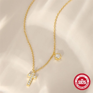 Exquisite 925 sterling silver gold necklace with flower and cross crystal pendants