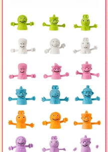 Close-up of 18 colorful finger puppet bath toys in a variety of cartoon characters