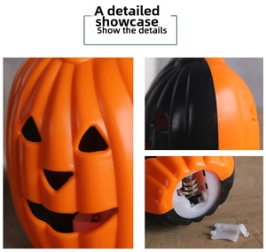 Close-up of Halloween pumpkin lantern with cutout face and bottom battery compartment