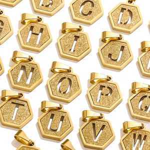 Frosted 18K gold stainless steel hexagonal initial pendants for DIY jewelry making