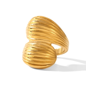 Detailed view of 18k gold plated stainless steel ring with striped semi-sphere texture