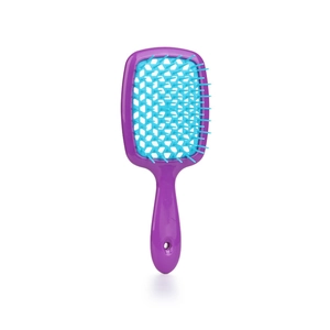 Hollow grid hair brush in purple and blue, rectangular honeycomb design for wet and dry use