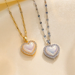 Heart Pendant Necklace Stainless Steel Mother Of Artificial Pearl Zircon Inlaid Gold Plated Elegant Jewelry For Women