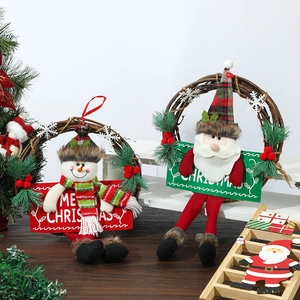Christmas Santa and Snowman rattan wreath hangings with long legs for door decorations