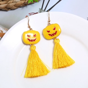 Halloween pumpkin earrings with yellow tassels and alloy enamel drop design for women