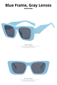 Front and side views of chunky light blue square cat-eye sunglasses with dark grey lenses