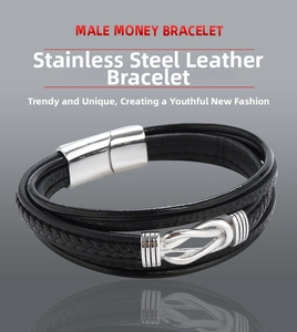 Detailed macro view of multi-layer black leather bracelet with stainless steel magnetic clasp