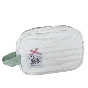 Quilted mint polka dot elephant makeup bag with ribbon bow and webbing handle