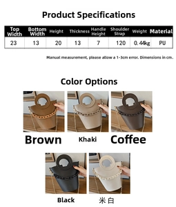 Size chart and color guide for PU leather bucket bag with dimensions and specifications