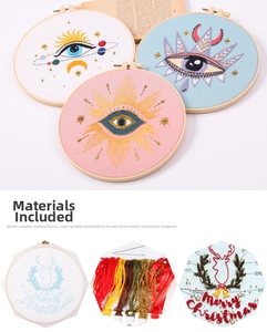 Close-up of DIY embroidery kit with pre-printed fabric, colorful threads and hoop
