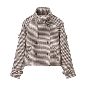 Damen Vintage Hahnentritt Wollmischung Jacke Stehkragen Zweireihig Mode Streetwear Oberbekleidung Kurzmantel Braun