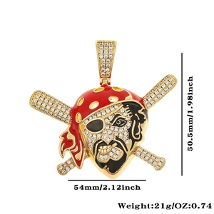 Detail showing pirate skull pendant dimensions with gold plating and sparkling rhinestones
