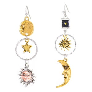 Vintage celestial mismatch earrings with gold sun, silver moon and star charms