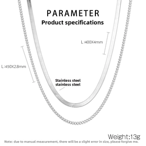 Detail showing dimensions of stacked stainless steel snake and round link necklaces