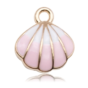 Detailed macro of pink shell pendant with gold alloy plating and colorful enamel inlay