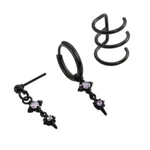 Dark style stainless steel earring set with black cross moon and purple star charms