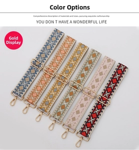 Close-up of geometric woven replacement straps for bags with gold metal hardware