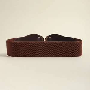 Detail view of brown elastic corset belt showing woven texture and faux leather closure
