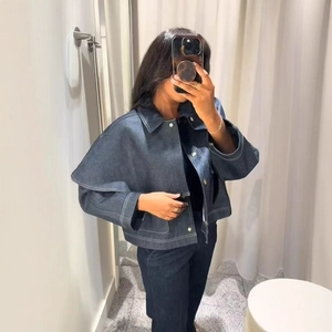 Damen Denim Cape Jacke Reverskragen Knopfleiste Lockerer Kurzmantel Langarm Streetwear