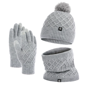 Winter 3-piece set with knitted hat, scarf, and gloves in grey with faux fur pompom