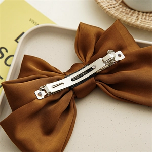Three-layer caramel brown satin bow hair clip with silver spring fastener for women
