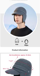 Size chart showing 55-60cm circumference and depth of a grey winter knit visor hat