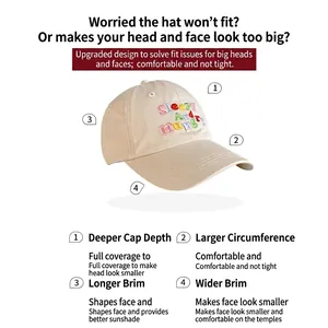 Beige cotton baseball cap with Sleepy and Hungry embroidery featuring deep fit for large heads