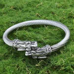 Viking Dragon Head Open Bangle For Men Stainless Steel Vintage Twisted Rope Cuff Bracelet Hip Hop Jewelry