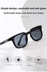 Detail of square black sunglasses with metal geometric accents and simple design