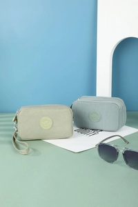 Three-layer zipper nylon mobile phone bag with water-resistant fabric and wrist strap