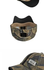 Dettaglio cappellino mimetico con etichetta vintage cucita e fibbia regolabile in metallo