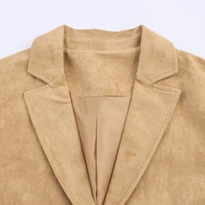 Women's faux suede long coat in khaki featuring classic lapels and soft velvet texture