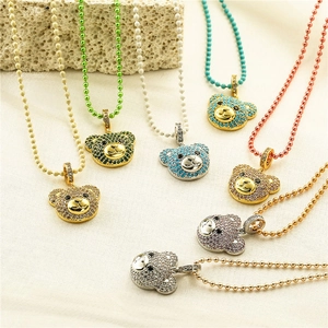 Bear Pendant Necklace Colorful Zircon Pave Copper Cute Animal Head Ball Chain For Women