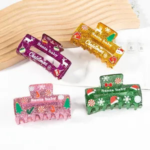 Christmas Hair Claw Clip Glitter Acrylic Reindeer Santa Tree Pattern Large Holiday Hairpin Accessory For Women Girls